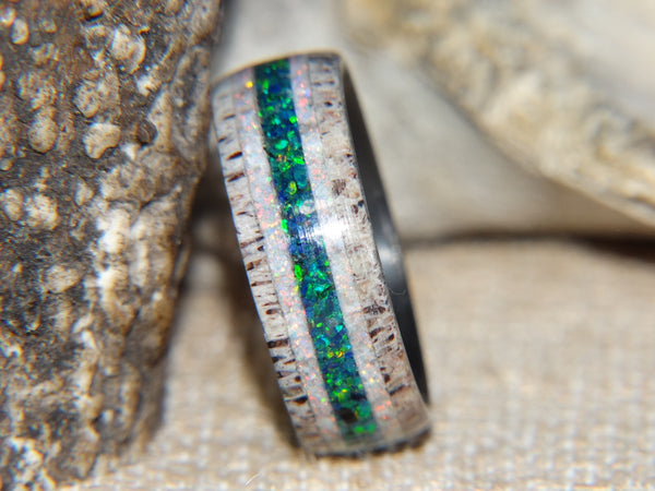 Antler Ring - "Fire Emerald Opal" Deer Antler - artisan-antler-rings