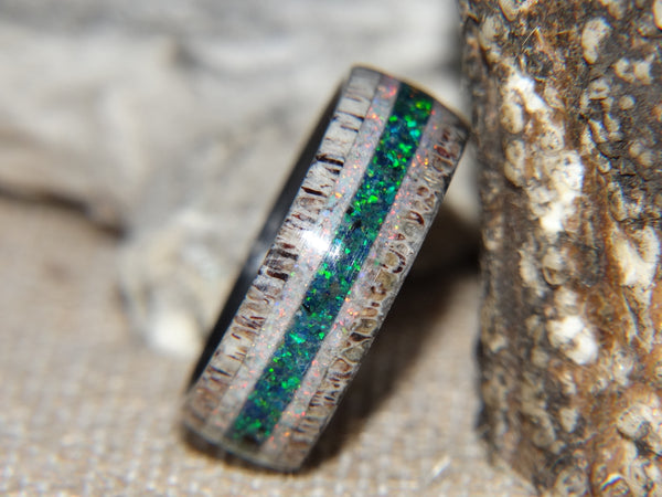 Antler Ring - "Fire Emerald Opal" Deer Antler - artisan-antler-rings