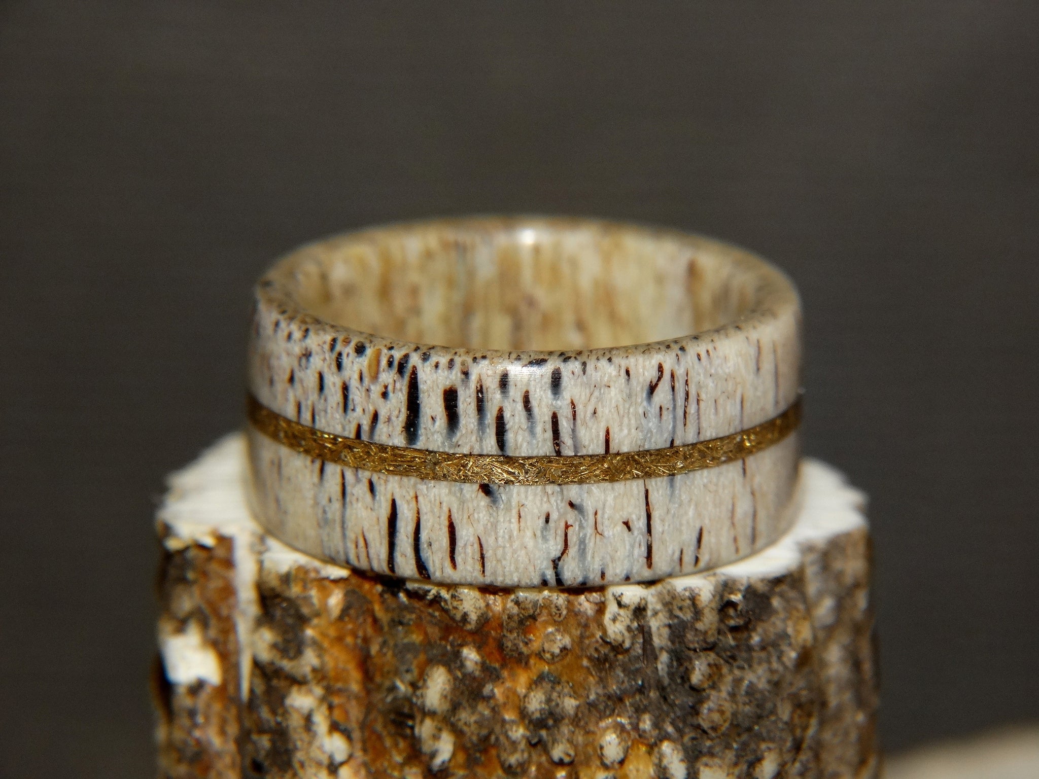 Antler Ring - "The Brass Bullet" Brass Shavings Inlay - artisan-antler-rings