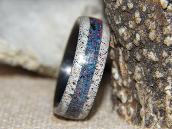 Antler Ring - "Blue Fire Opal" Deer Antler - artisan-antler-rings